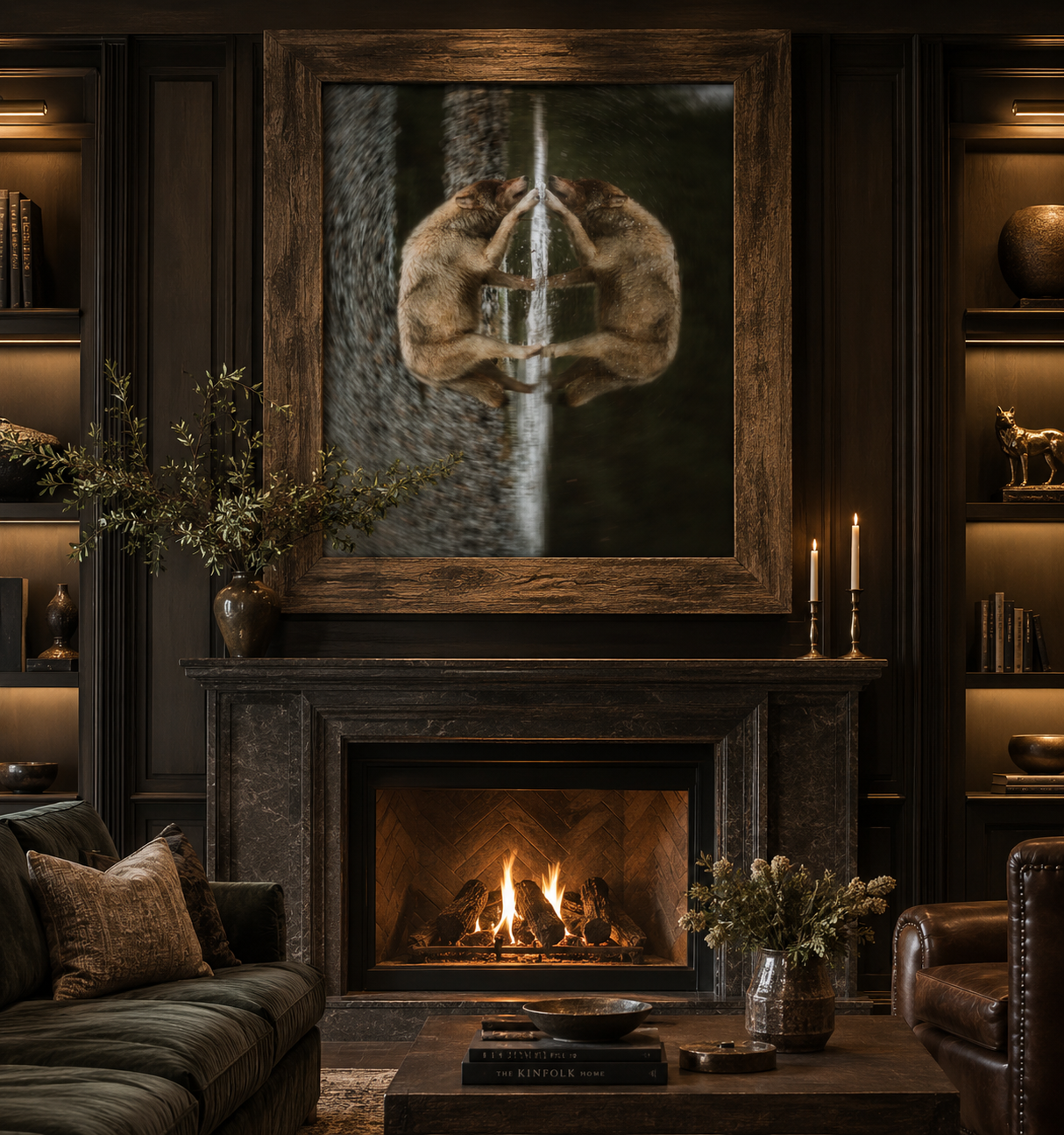 Framed print of a wolf and its mirrored reflection at the water's edge, hung above a dark stone fireplace in a moody study