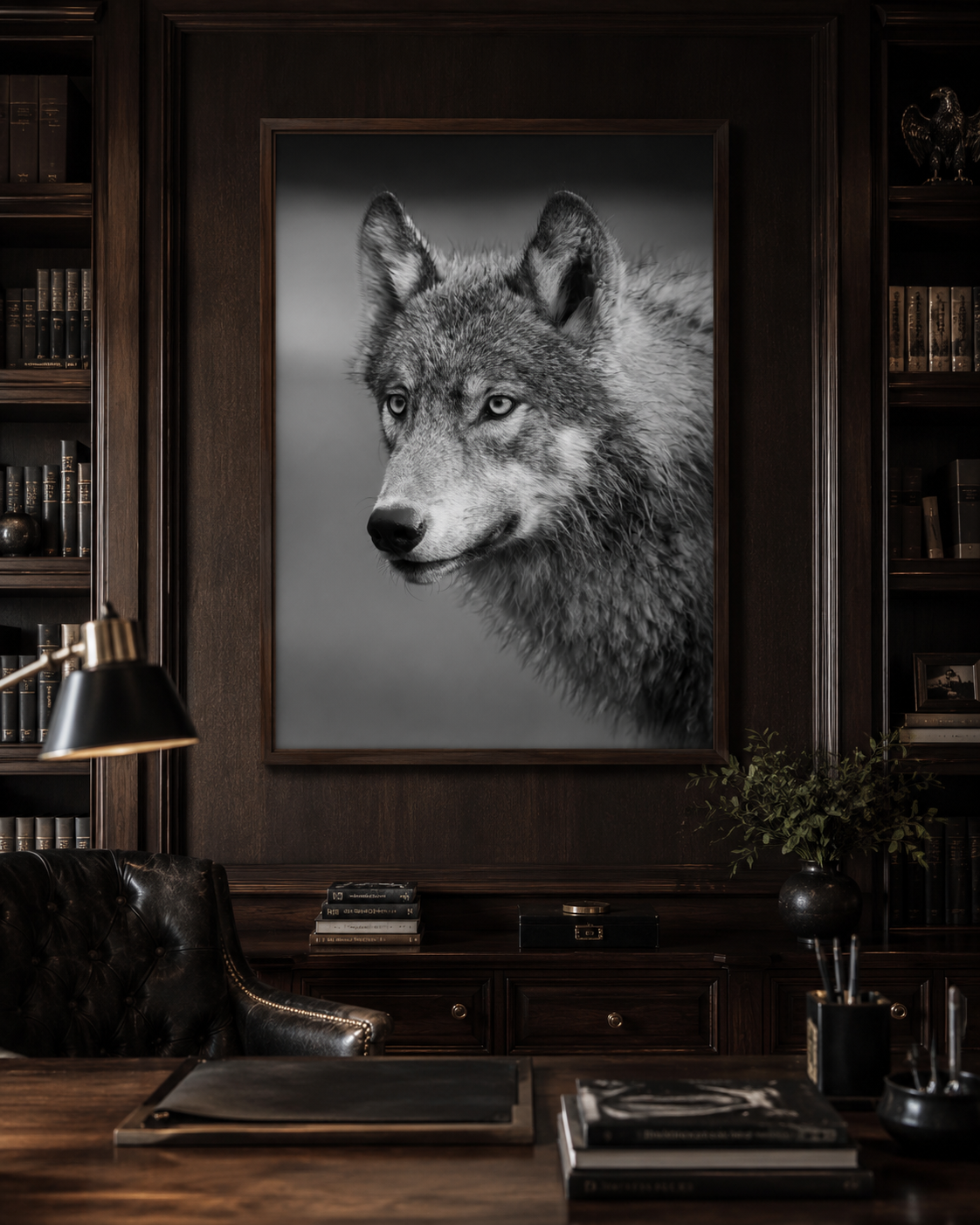 Framed black-and-white portrait of a wolf, hung in a wood-paneled study with a leather desk chair