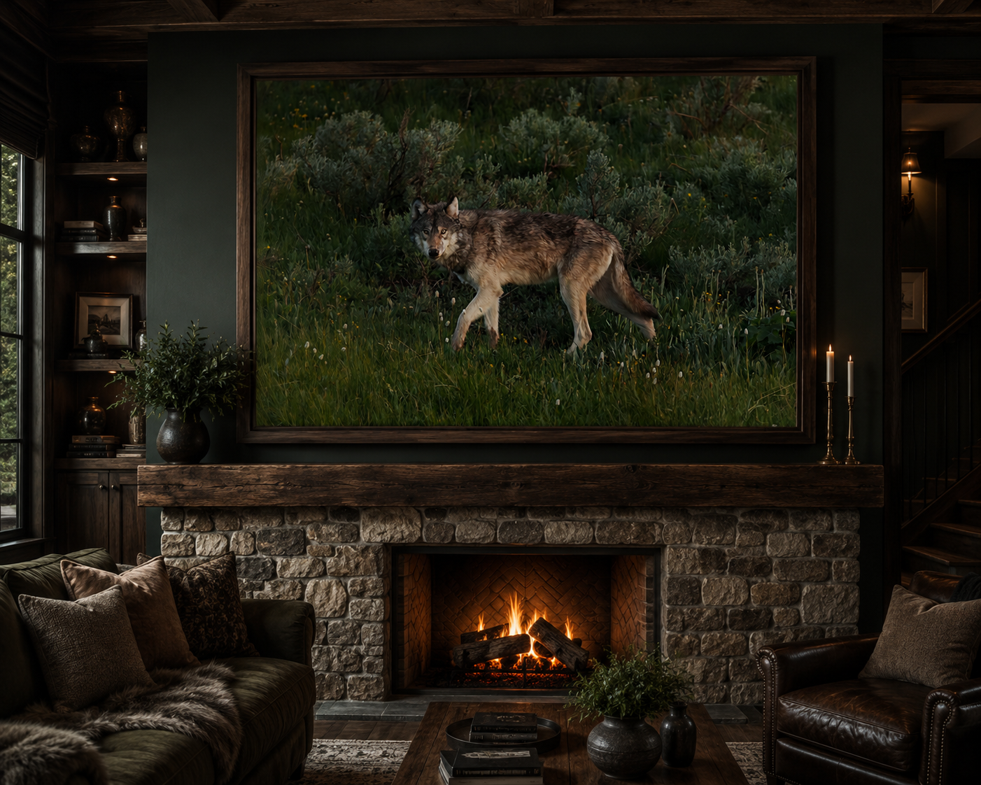 Framed print of a wolf walking through a lush grassy meadow, hung above a rustic stone fireplace in a warm cabin study