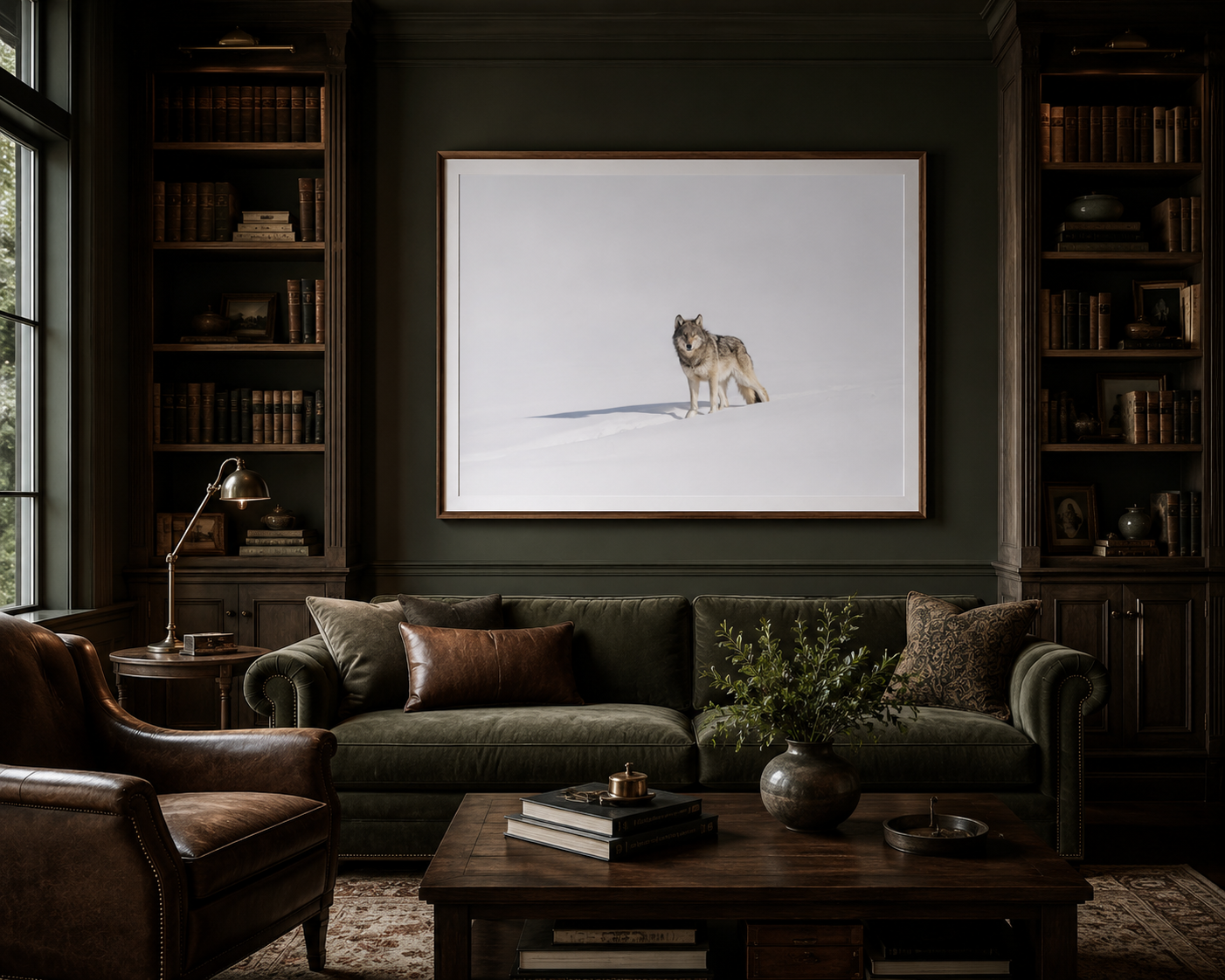 Framed print of a wolf standing alone on a windswept snow rise, hung in a dark green study with leather furniture and antique bookshelves