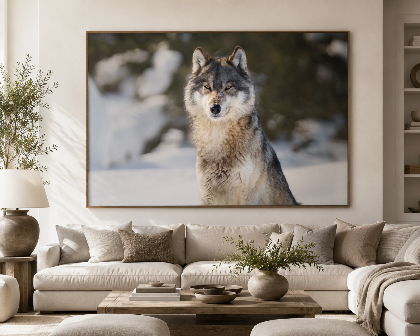 Framed print of a gray wolf sitting in the snow, hung above a linen sectional in a bright, airy living room